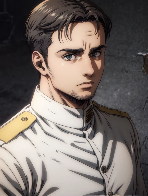 35 years old man, military hair, gray eyes, White military uniform, quartel general