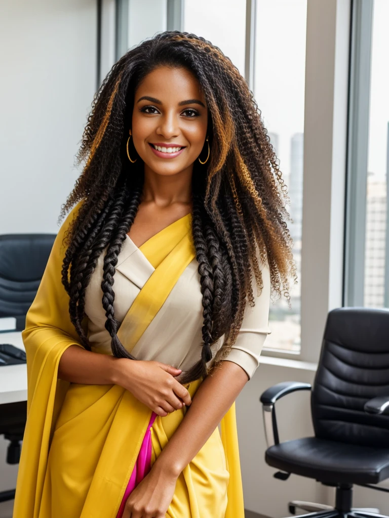 ((4k,masterpiece,best quality)),2 ladies,A modern, well-lit office in São Paulo. Sunlight streams through the window, illuminating a spacious corner office.A vibrant 70-year-old Brazilian woman with a warm smile. Dressed in a stunning, colorful Indian saree, her long, 3c curly hair gleams with reflected light from strategically applied hair cream. It cascades down her back in defined, smooth coils, framing her face with sleek, combed hairlines. Her scalp is healthy and visible.A 40-year-old French woman with a sharp haircut. Her hair is meticulously styled in four French braids, each gleaming with gel and showcasing the clean lines of her partings. Dressed in a stylish coat, she exudes an air of professionalism.