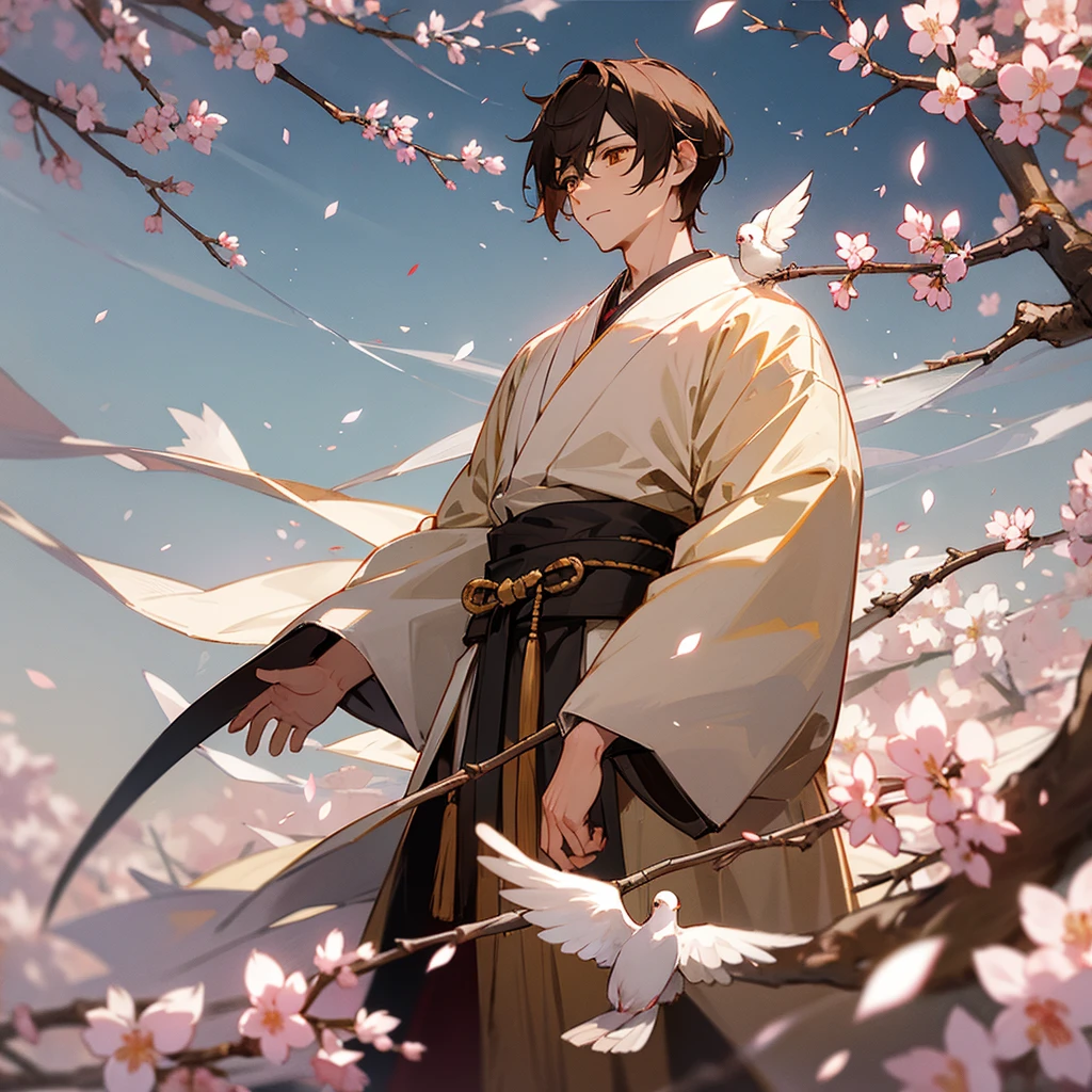 Naginata, short brown hair, young man, golden eyes, narrow eyes, white dove, cherry blossom petals