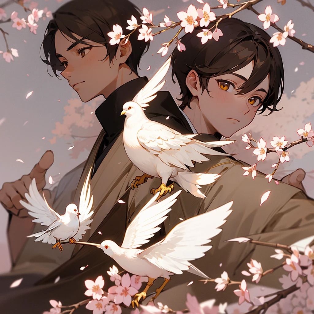 Naginata, short brown hair, young man, golden eyes, narrow eyes, white dove, cherry blossom petals