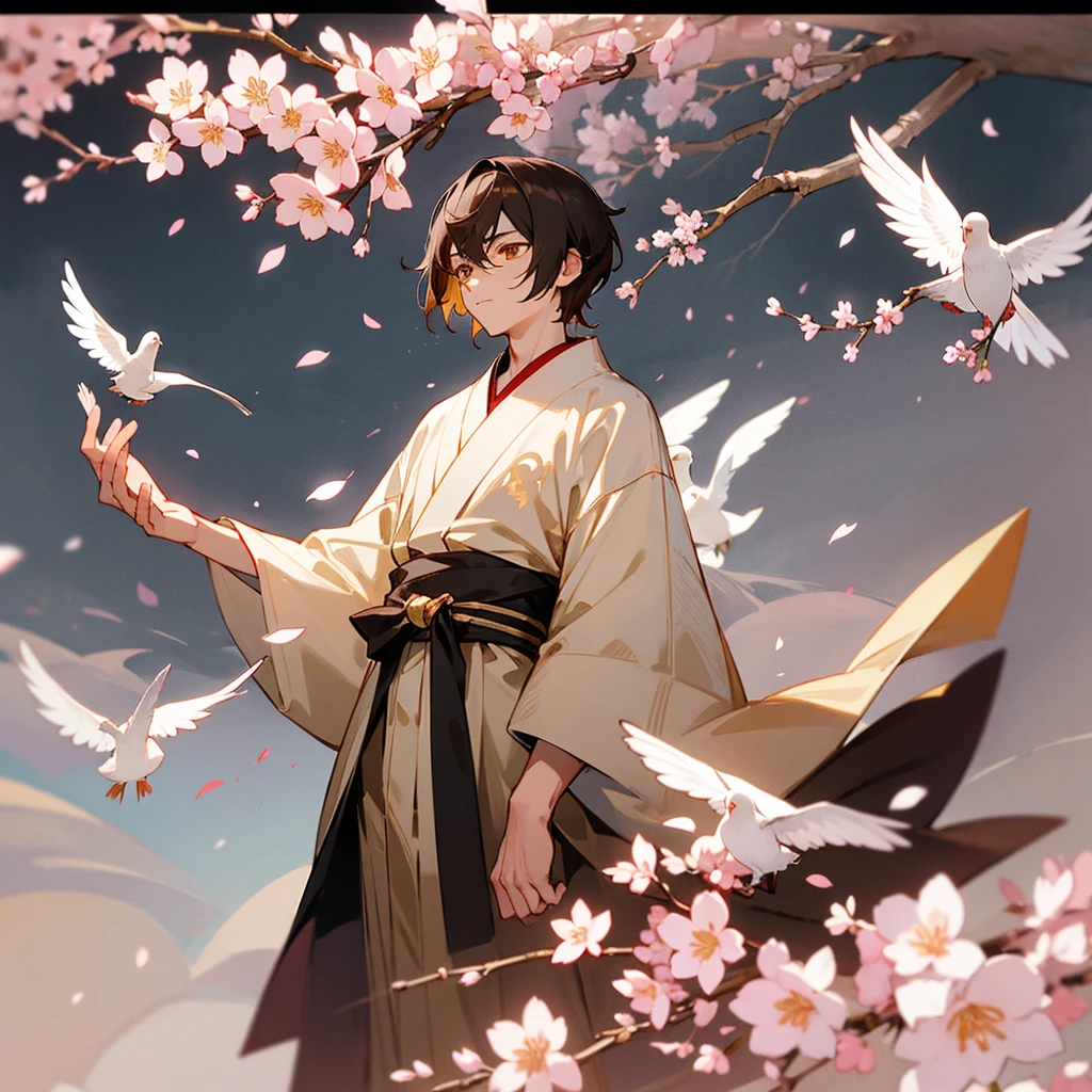 Naginata, short brown hair, young man, golden eyes, narrow eyes, white dove, cherry blossom petals