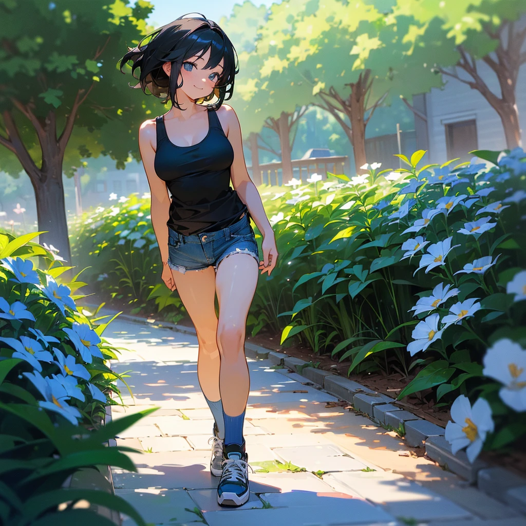 (high quality, High resolution, Very detailed, reality:1.37), Peaceful atmosphere, (Outdoor, garden), Teenage girl standing alone, (my breasts are big.), Beautiful details, Cute Smile, (Black bob hair), Tank top, Denim shorts, Blue socks, sneakers.