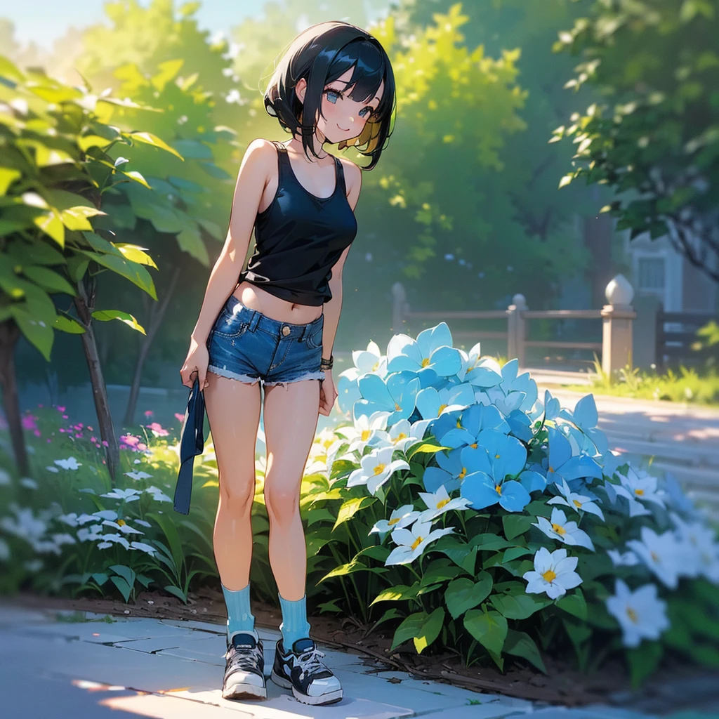 (high quality, High resolution, Very detailed, reality:1.37), Peaceful atmosphere, (Outdoor, garden), Teenage girl standing alone, (my breasts are big.), Beautiful details, Cute Smile, (Black bob hair), Tank top, Denim shorts, Blue socks, sneakers.
