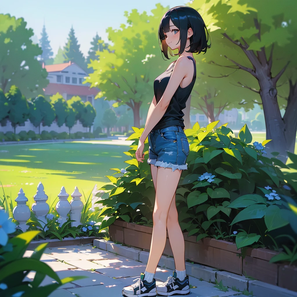 (high quality, High resolution, Very detailed, reality:1.37), Peaceful atmosphere, (Outdoor, garden), Teenage girl standing alone, (my breasts are big.), Beautiful details, Cute Smile, (Black bob hair), Tank top, Denim shorts, Blue socks, sneakers.