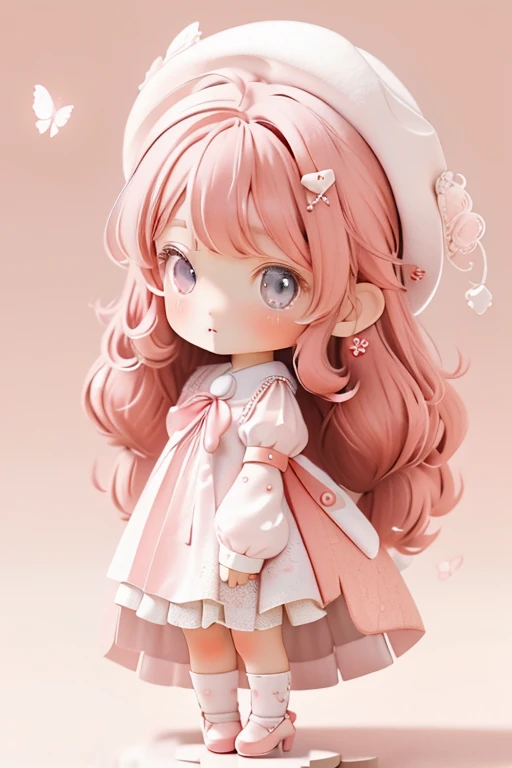 Girl Chibi, , Medium pastel red white, Luxury Fabric, Dithering, Widespread,Viewer Lucky Blue White,In a cellar color dress、、There are no protrusions on the head、There are no protrusions on the head、hat,high quality、high resolution、Ultra delicate、Cute big eyes beautiful cute