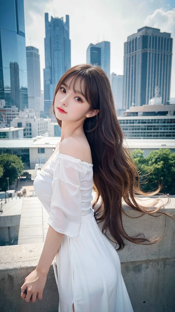{{{ultra detail}}}, {{{realistic}}}, {{{depth of field}}}, whole body, from the side, head tilt, incredibly detailed, longuette, 1 woman, 30 years old, very long hair, Curly hair, high ponytail, light brown hair, beautiful and delicate hair, perfect face, Delicate arms and hands, slim legs, White skin, piercing, oversized clothes, big top sleeves, black pants, open clothes, cityscape, delicate background, blurred background, very delicate and beautiful, {{{wallpaper 8k CG}}}, {{{best quality}}}, {{{the greatest masterpiece}}},