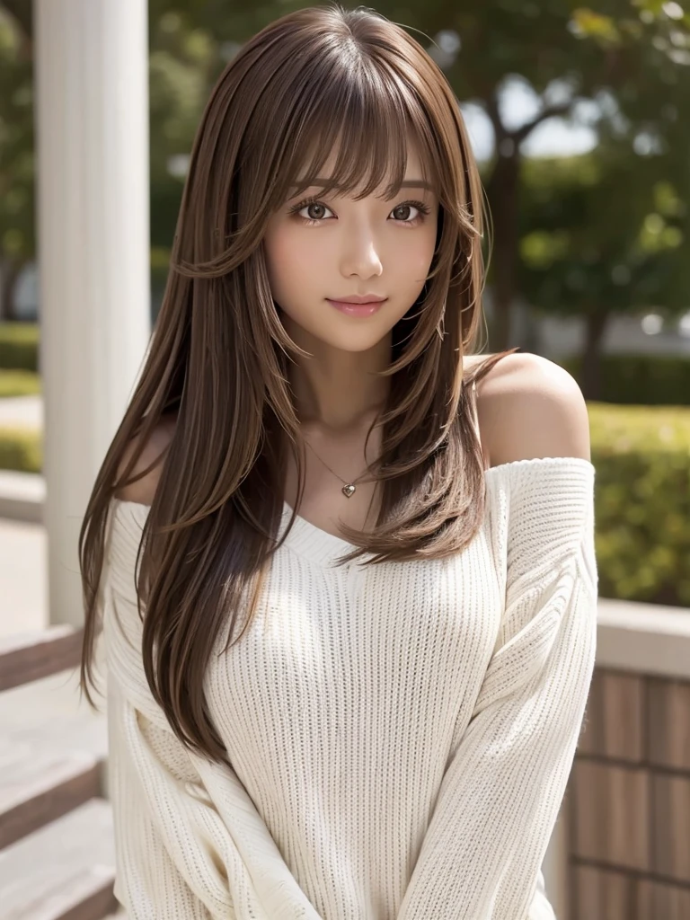 arafed woman with long brown hair and bangs wearing a white sweater, Hime cut, neat hair with bangs, long hair with full bangs, long hair with bangs, brown hair and bangs, middle length hair, mid - length hair, brown long hair with bangs, hair : long brown, shoulder - length hair, shoulder-length hair, 茶色の前hair
