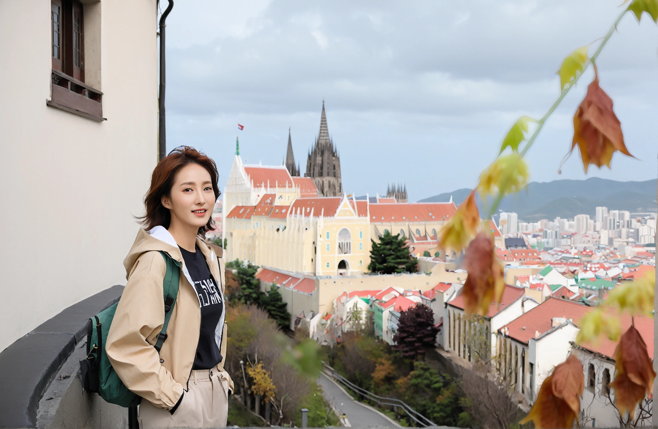 k Best picture quality, Beautiful 36-year-old Korean woman, You have good skin and big and pretty eyes.... Chest size 34 inches, Short and medium hair blowing in the wind, Wear a high-end, luxury windbreaker over your t-shirt.. beige casual pants, i am smiling. The Hungary background is realistic and vivid quality.. Standing on a hill overlooking the cathedral. the background is clear, Short and slim Korean woman,