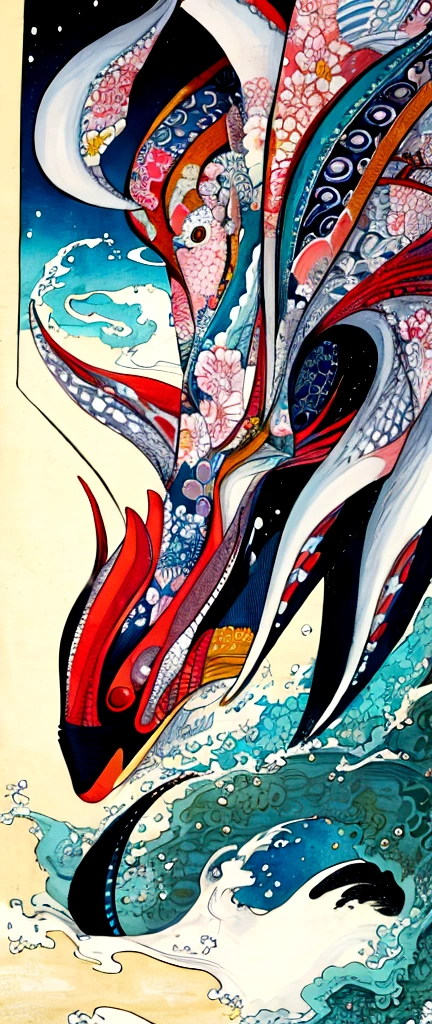 high quality、 最high quality、 Realistic、 art、 Artistic、 Japanese painting、Japanese style、Japanese Pattern、 Squid in the sea、 Pen、 2 colors