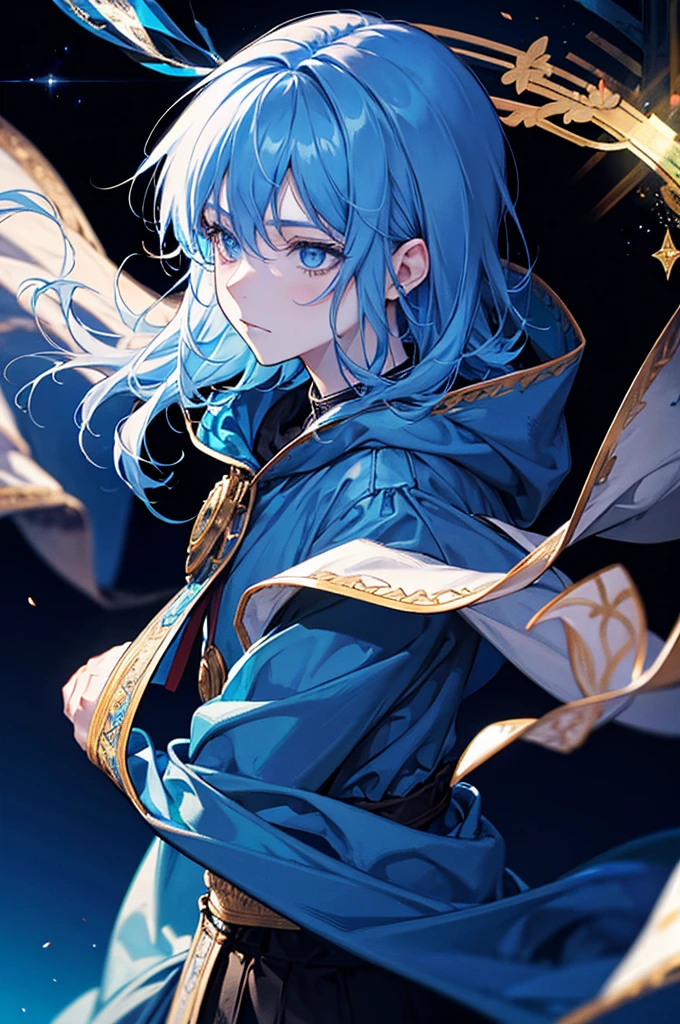 Sorcerer Divine Soul, he has a light hair and blue eyes, he wear a hood.
