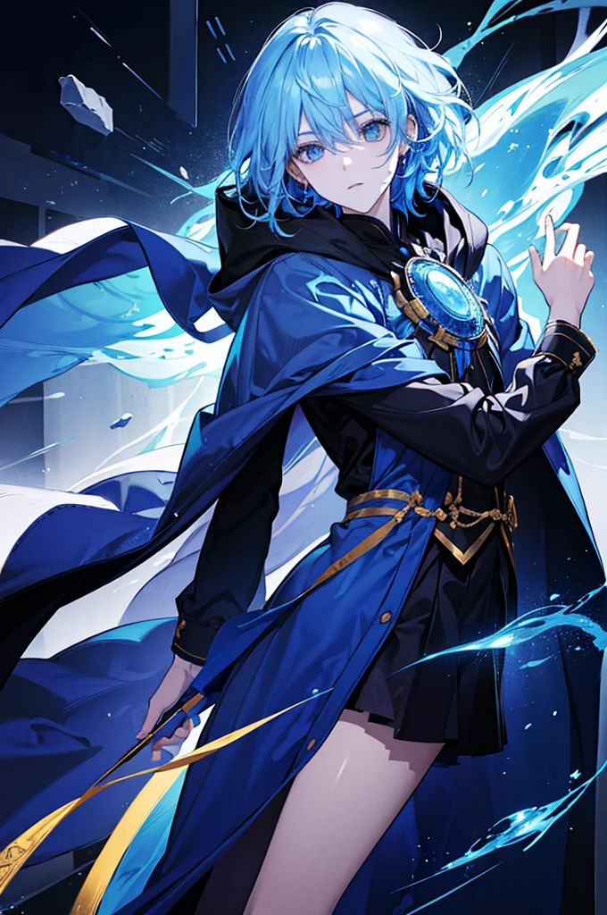 Sorcerer Divine Soul, he has a light hair and blue eyes, he wear a hood.