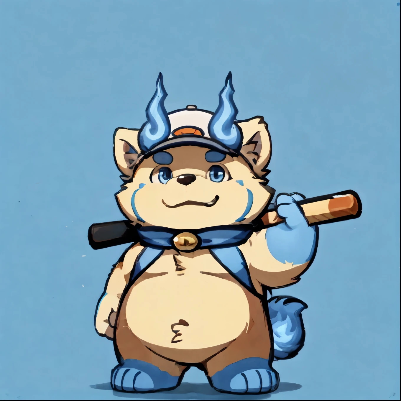 solo, botailang,Cute face, (baseball cap, Wielding Baseball bat) ,(Sideways, sidled), Chubby,(white eyebrows:1.1),(blue eyes),Simple background, Blue Background,print style。（Artist:Takemoto Arashi），blue fire ，