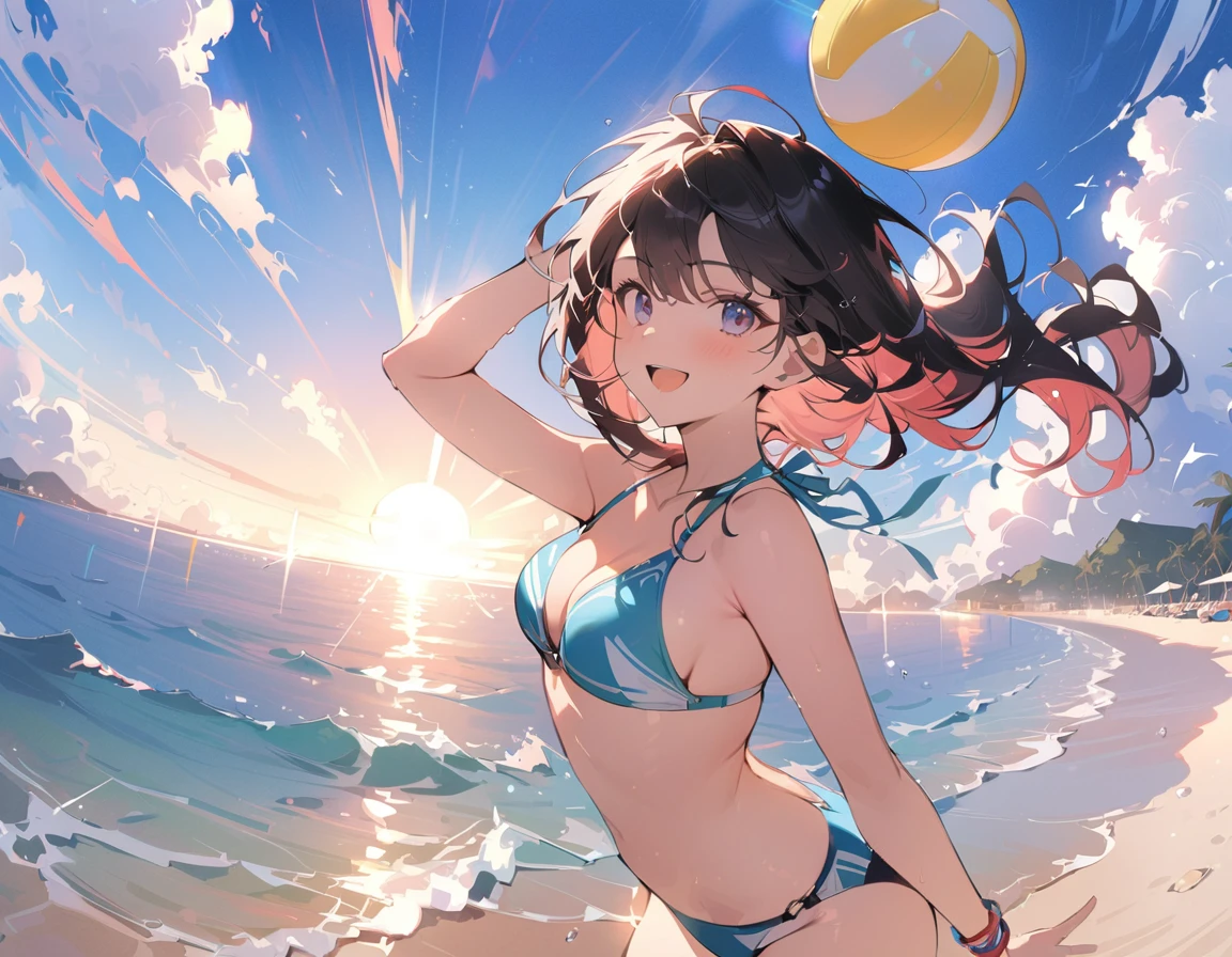 beautiful young girl in a bikini, playing beach volleyball on a sandy beach, with a gorgeous sunset in the background, (best quality,4K,8K,highres,masterpiece:1.2),Jump to catch the ball in the air