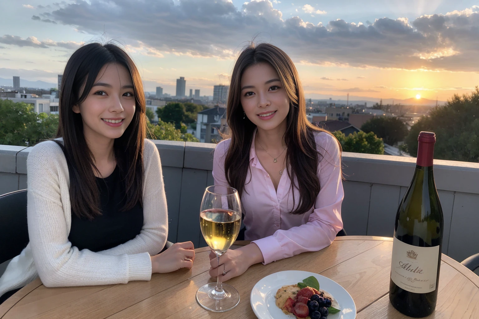 ((Highest quality、、masterpiece:1.3))、1 male 1 female、34 years old 39 years old、Slim Beauty、Beautiful couple、Upper Body、smile、 (Slim face), (the body is スリム), (Brown Hair), (Shortcuts), テーブルのフルコースディナーとwine glass、Amazing view of the sunset sky and clouds、smileの美しさ、Wine bottle、sparkling wine、Long sleeve shirt、dress、White wine, red wine, wine glass, Beautiful fine grain, Depth f/2,saturation, High Contrast, Strong light and shadow,Moist Body:1.5、3D texture、The hair is very shiny、