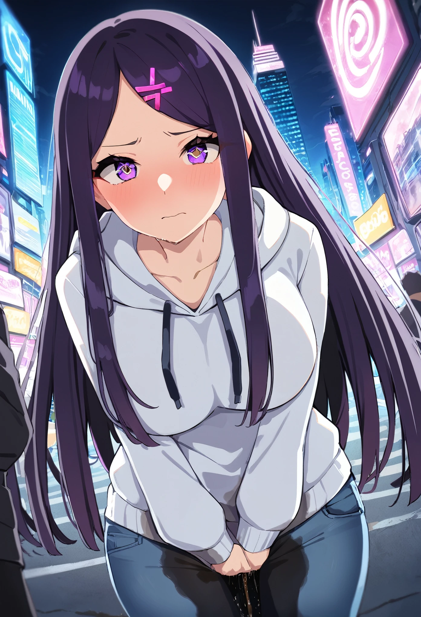 (masterpiece:1.37), best quality, (extremely detailed:1.37), (1girl:1.5), woman, (mature:1.5), (adult:1.5), large breasts, very long hair, (straight hair:1.5), (very dark purple hair:1.5), purple eyes, (extremely detailed eyes:1.37), hoodie, jeans, desperation, (wetting self:1.5), standing, embarrassed, humiliation, blushing, angry, city, futuristic, neon lighting, high-tech, street, skyscraper