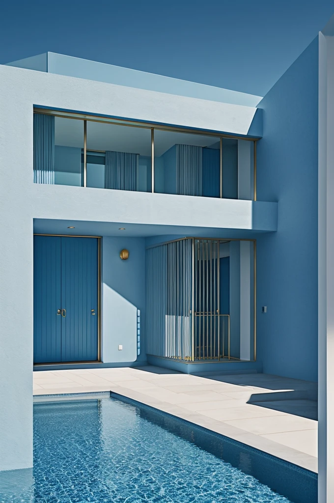 A format cover of a book, Background in deep blue and light blue tones to create a contrast that represents mystery and clarity,Stylized illustration of a modern house with clean, contemporary lines in blue and white colors, title "Among Family Murmurs" with elegant typography in silver and gold tones to stand out from the design,Author&#39;s name, "Guadalupe Miranda", in a modern and sophisticated font that blends harmoniously into the cover.