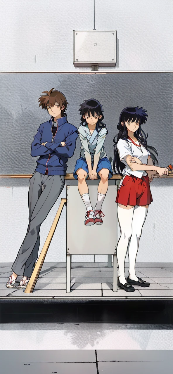 1 girl ************, japanese school uniforma, black hair, 1 boy ************ blue jacket, brown skim, 1 small girl 10 years old, Highschool of The death stile, anime.