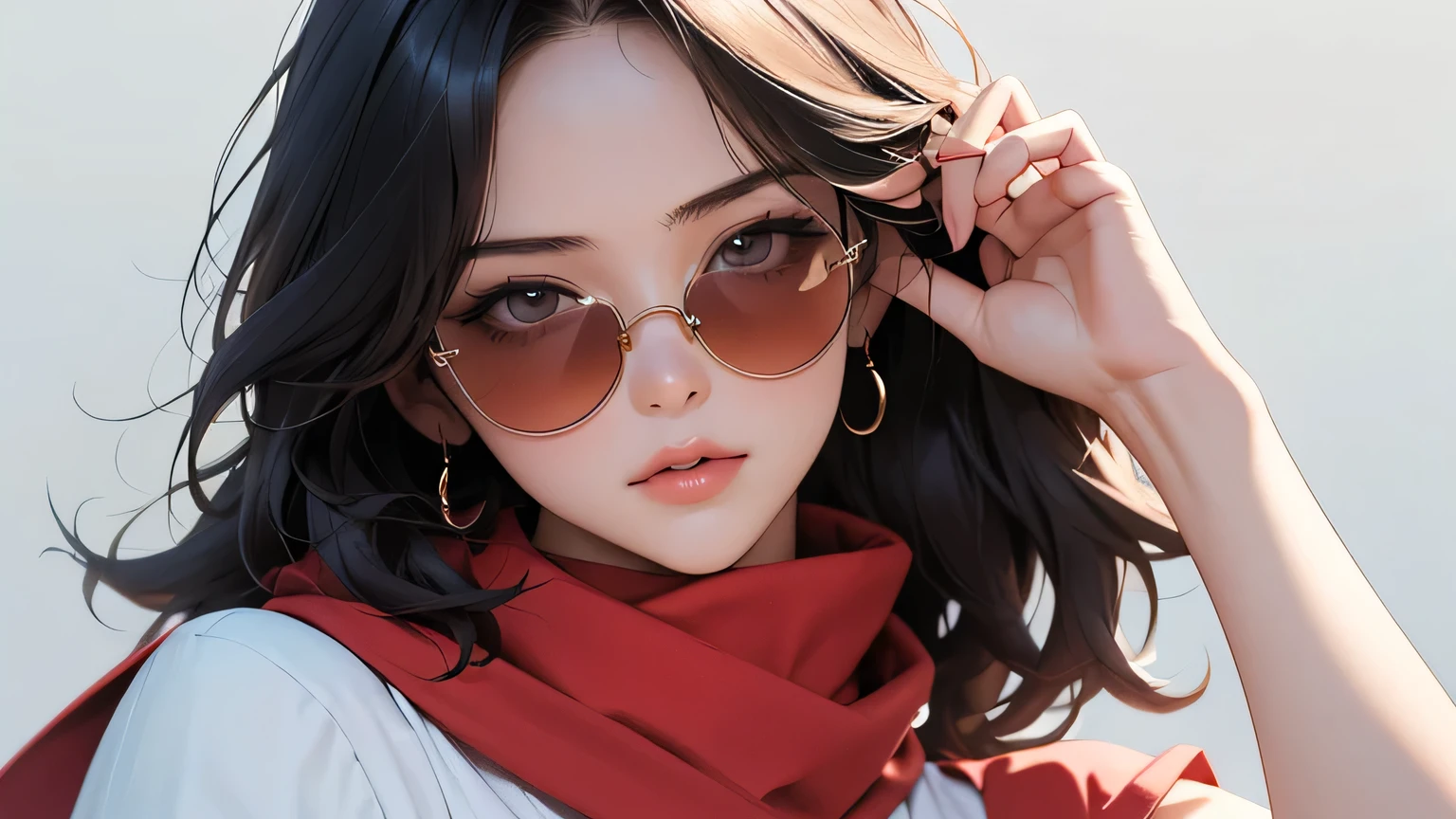 (masterpiece, best quality, 8k wallpaper, high resolution, ultra realistic), 2 women, 2 girls wearing sunglasses, 18 years old, (long hair, short hair), 8k, RAW portrait (Japanese women), masterpiece, photoreal: 1.3, realistic, ultra high resolution, best quality, real life photo, (in the evening: 1.1), ((((1 girl: 1.5))))(cute face: 1.3), perfect proportions, 80s big sunglasses, navy blue bodycon, red scarf, light colored background, two people posing.
