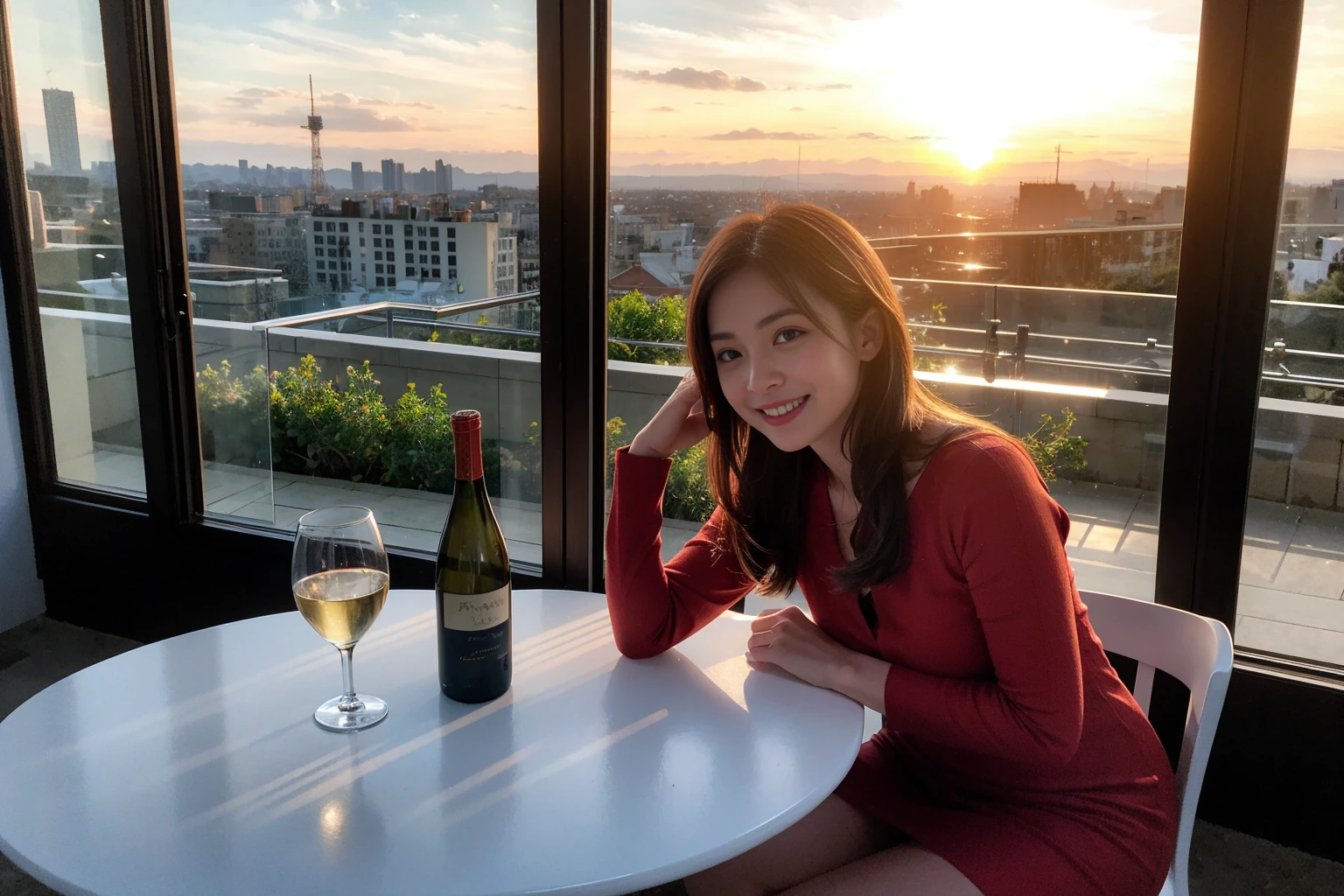 ((Highest quality、、masterpiece:1.3))、1 male 1 female、37 years old 39 years old、Slim Beauty、Beautiful couple、Upper Body、smile、 (Slim face), (the body is スリム), (Brown Hair), (Shortcuts), テーブルのフルコースディナーとwine glass、Amazing view of the sunset sky and clouds、smileの美しさ、Wine bottle、sparkling wine、Long sleeve shirt、dress、White wine, red wine, wine glass, Beautiful fine grain, Depth f/2,saturation, High Contrast, Strong light and shadow,Moist Body:1.5、3D texture、The hair is very shiny、