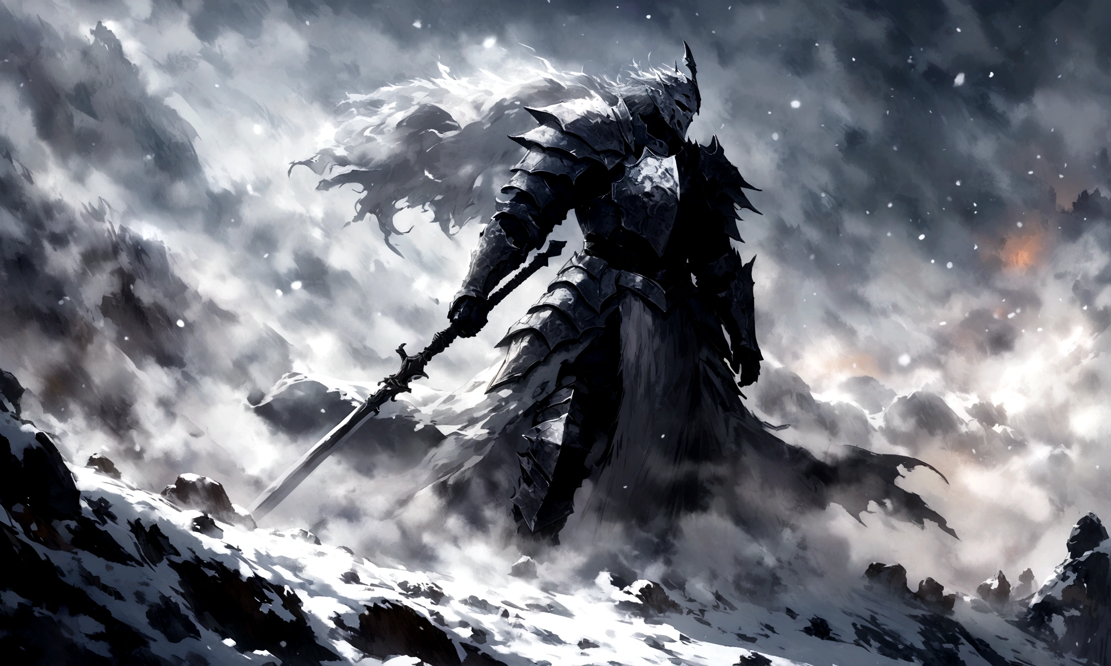 Create an impressionist painting of a spooky warrior knight, snow, Space Ash, Artistic, complicated,fog