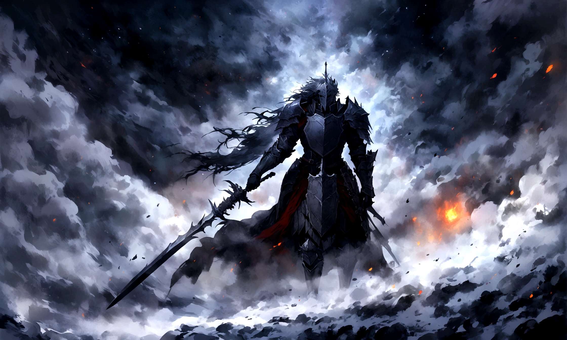 Create an impressionist painting of a spooky warrior knight, snow, Space Ash, Artistic, complicated,fog
