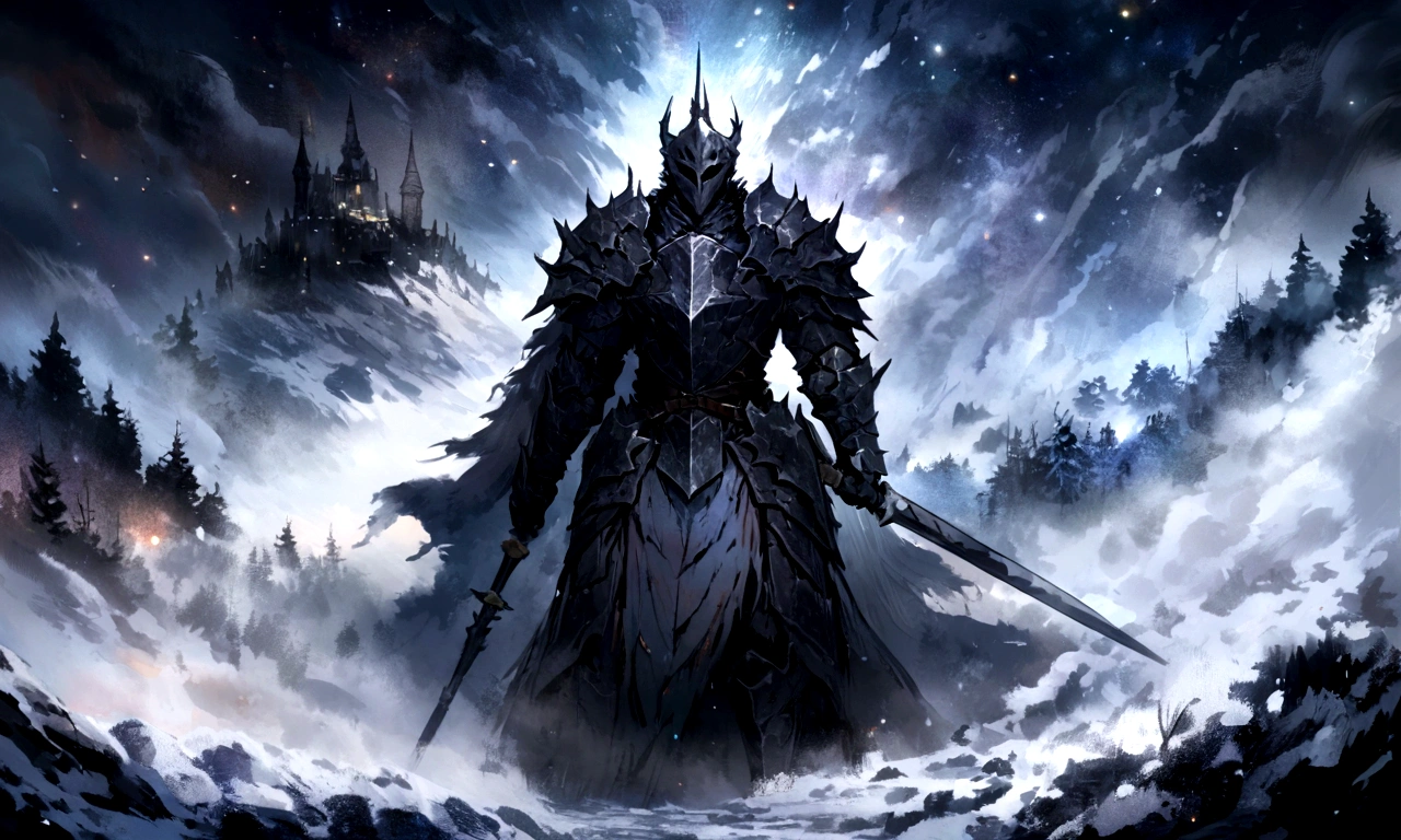 Create an impressionist painting of a spooky warrior knight, snow, Space Ash, Artistic, complicated,fog