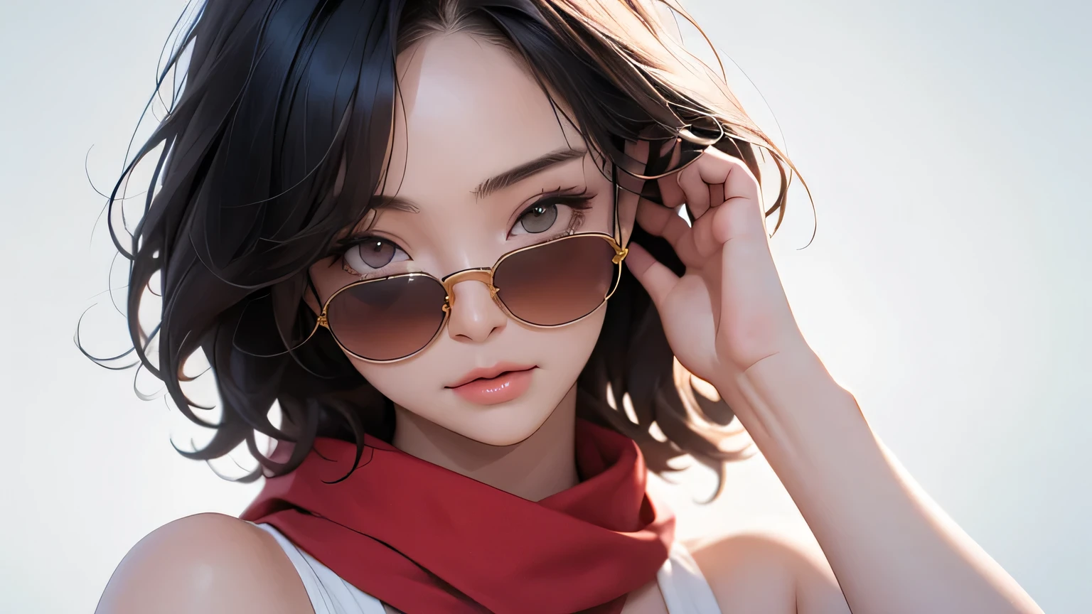 (masterpiece, best quality, 8k wallpaper, high resolution, ultra realistic), 2 women, 2 girls wearing sunglasses, 18 years old, (long hair, short hair), 8k, RAW portrait (Japanese women), masterpiece, photoreal: 1.3, realistic, ultra high resolution, best quality, real life photo, (in the evening: 1.1), ((((1 girl: 1.5))))(cute face: 1.3), perfect proportions, 80s big sunglasses, navy blue bodycon, red scarf, light colored background, two people posing.