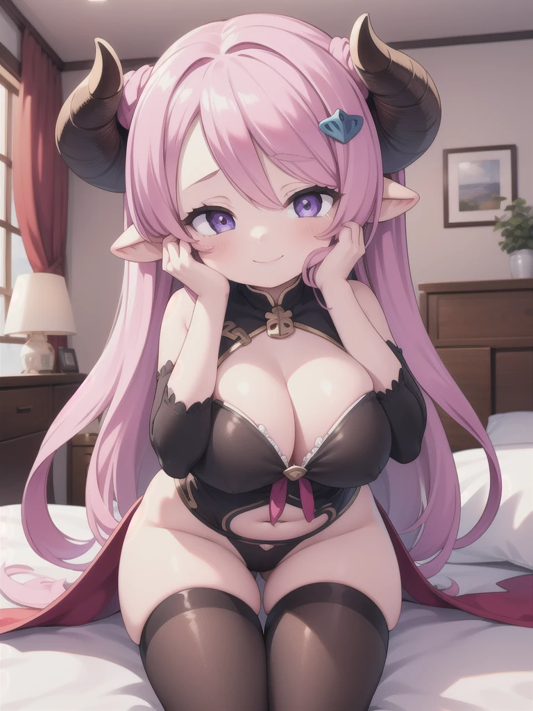master-piece, bestquality, 1girls,, View viewers from front, HD, slight smile, massive tits, cleavage, under , tights cloth, , tiny body, under tits cleavage, look down, wide hips, narmaya, hands on own face, hands on own cheeks, sit on a bed, leaning forward,