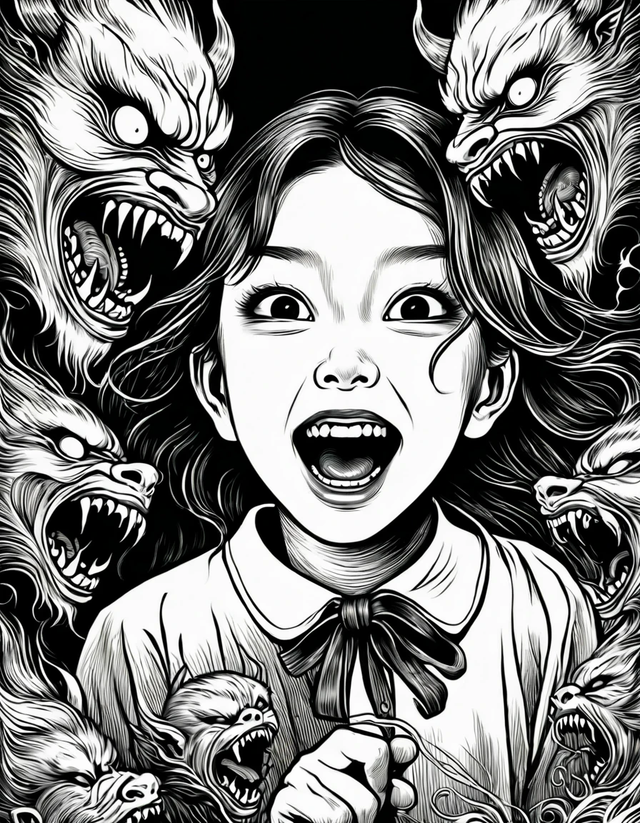 Horror illustration with a Toshio style of the attack of demonic beings on a young girl. Close to the woodcut technique.