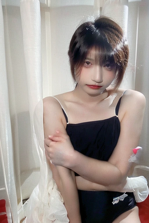 30-year-old woman, Model Style、Gal Makeup、Bust 102cm, Brown Hair, Small Mouth、Realistic Face、 In a school swimsuit that clearly shows her breasts、 Shaved pussy exposed、Full body image、High resolution、Arms crossed to emphasize the chest