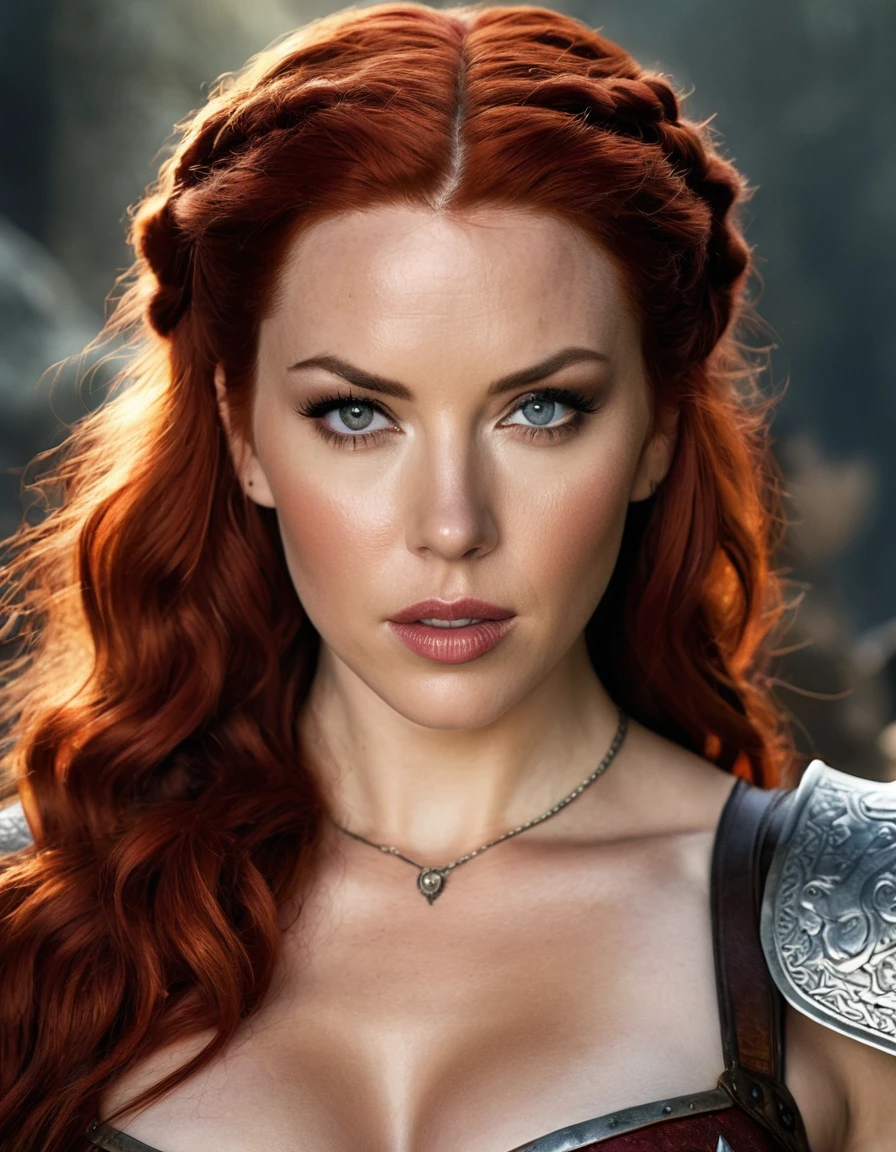 Full shot of Red Sonja whose facial features are a combo of Scarlett Johansson + Rachel Nichols + Rose McGowan. Red Sonja has lovely makeup on her face. Fantasy setting. Symmetrical eyes. Symmetrical face. Lovely details. Photorealistic. Full-colored photo. Professional photo. Highly detailed 8K.