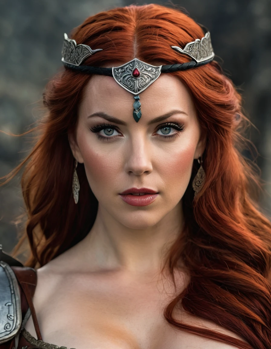 Full shot of Red Sonja whose facial features are a combo of Scarlett Johansson + Rachel Nichols + Rose McGowan. Red Sonja has lovely makeup on her face. Fantasy setting. Symmetrical eyes. Symmetrical face. Lovely details. Photorealistic. Full-colored photo. Professional photo. Highly detailed 8K.