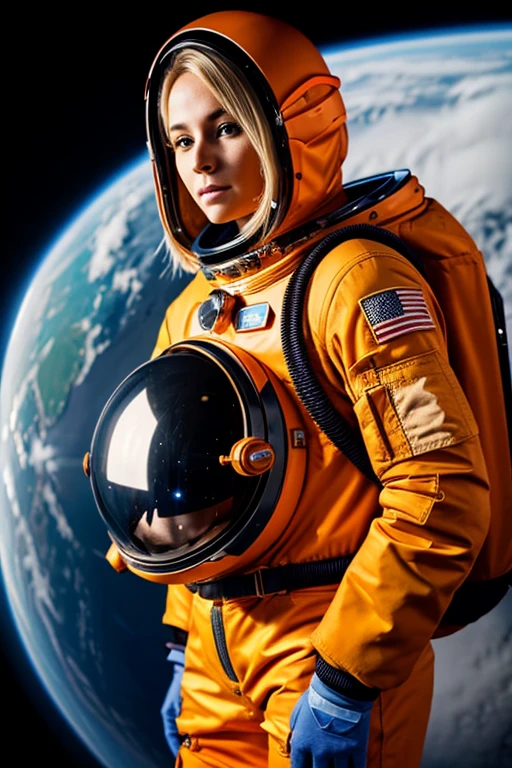 A woman with beautiful blonde hair wearing a orange pressure space suit