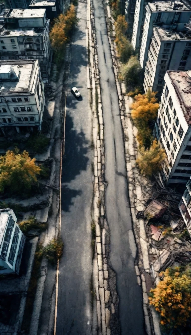 city after apocalypse hurt , Photography, asphalt detail, vegetation claiming the city, sidewalk cord. hyper detail, View from above