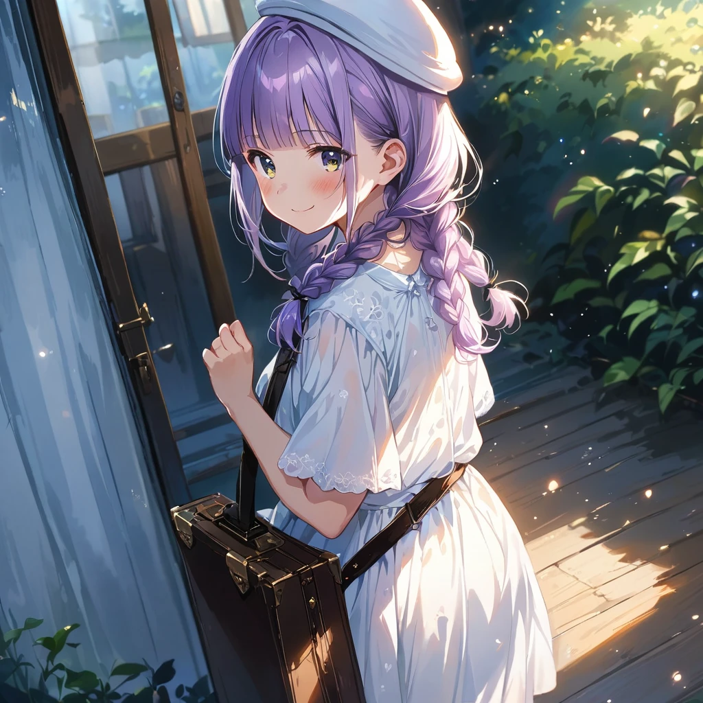 masterpiece, ultra detailed, 8K, full body shot,, a girl, kawaii, light atmosphere, (Cute a girl:1.5), (one girl with pale purple hair, wavy two braids, blunt bangs hair, green and black eyes :1.4), anime visual, (tilt head:1.3), extremely delicate face, realistic lighting and shading, (an extremely delicate and beautiful art:1.3),Watercolor painting, blush,
 A girl returning home from her parents' house, carrying case, white summer dress, white hat, looking back and waving with a smile,morning lit,