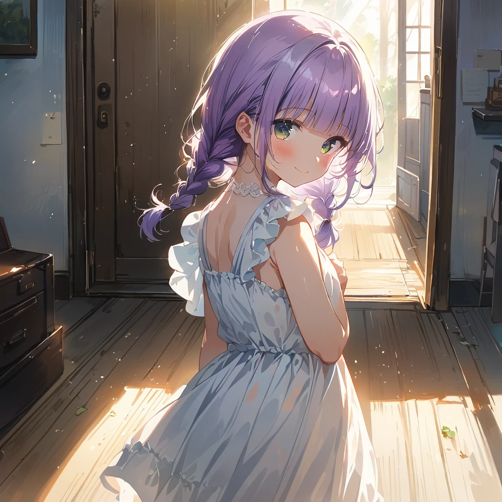 masterpiece, ultra detailed, 8K, full body shot,, a girl, kawaii, light atmosphere, (Cute a girl:1.5), (one girl with pale purple hair, wavy two braids, blunt bangs hair, green and black eyes :1.4), anime visual, (tilt head:1.3), extremely delicate face, realistic lighting and shading, (an extremely delicate and beautiful art:1.3),Watercolor painting, blush,
A girl returning home from her parents' house, carrying case, white summer dress, white hat, looking back and waving with a smile,morning lit,