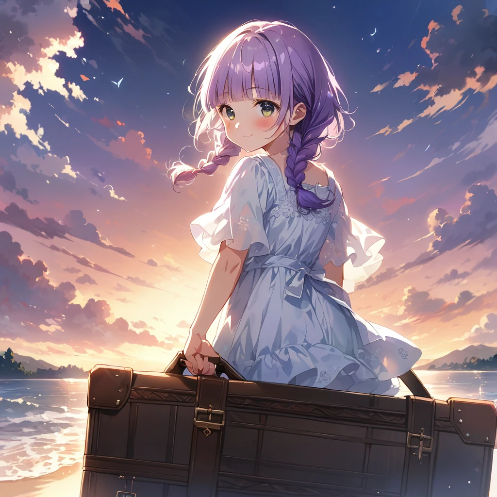masterpiece, ultra detailed, 8K, full body shot,, a girl, kawaii, light atmosphere, (Cute a girl:1.5), (one girl with pale purple hair, wavy two braids, blunt bangs hair, green and black eyes :1.4), anime visual, (tilt head:1.3), extremely delicate face, realistic lighting and shading, (an extremely delicate and beautiful art:1.3),Watercolor painting, blush,
A girl returning home from her parents' house, carrying case, white summer dress, white hat, looking back and waving with a smile,morning lit,