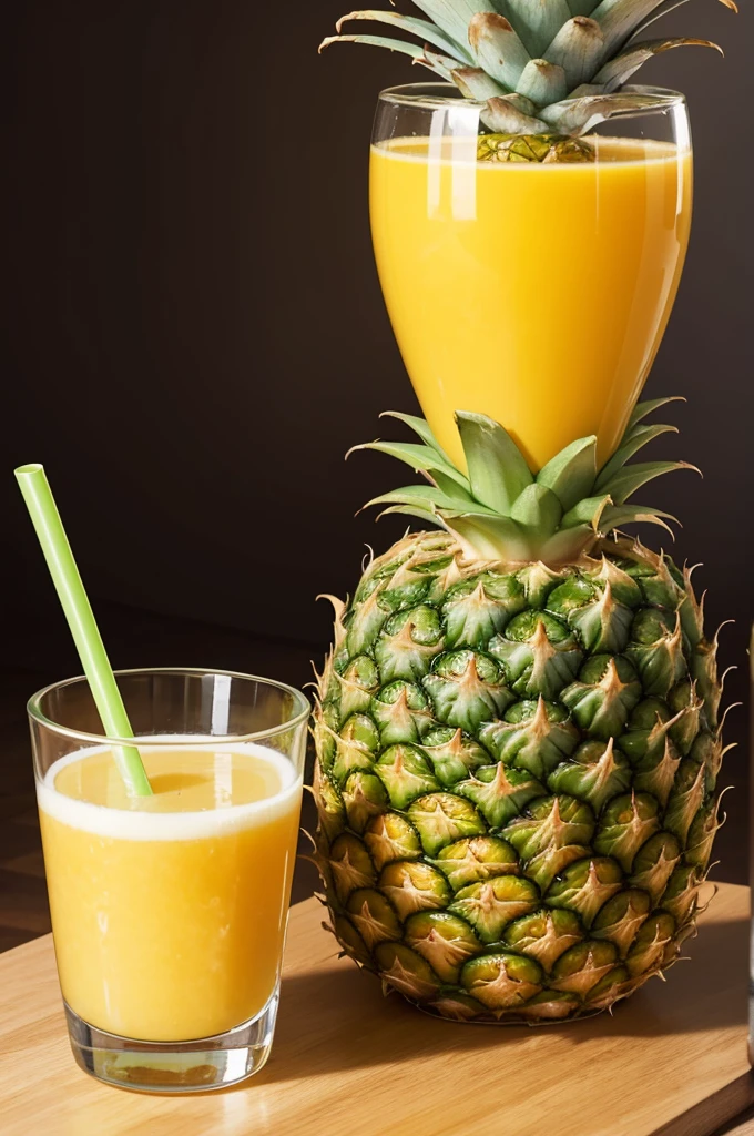 Create an image of a pineapple with a glass of juice next to it