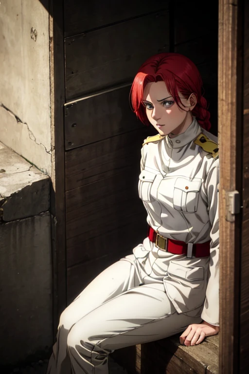 35 year old woman, channel red hair, gold eyes, neutral expression, White military uniform, liberia, Marley