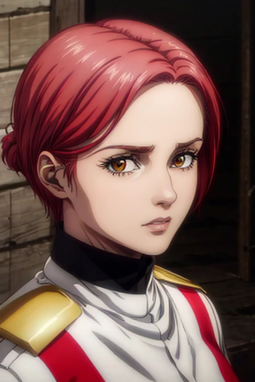 35 year old woman, channel red hair, gold eyes, neutral expression, White military uniform, liberia, Marley