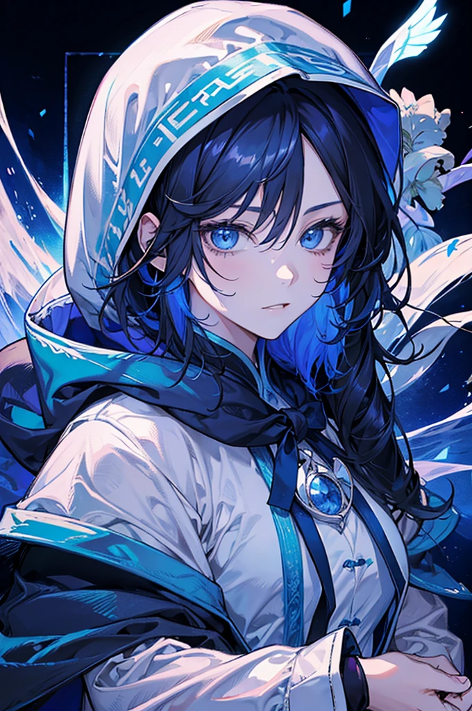 Sorcerer Divine Soul man, he has a light hair and blue eyes, he wear a hood.
