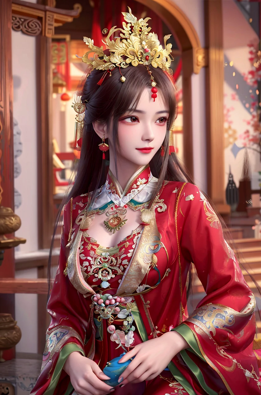 a close up of a woman wearing a red and gold dress, Palace , A girl in Hanfu, Gorgeous Role Play, Chinese costume, Chinese style, Inspired by Lan Ying, wearing gilded red robes, bian lian, Chinese traditional, Chinese dress, Hanfu, inspired by Ju Lian, a beautiful fantasy empress, Wearing ancient Chinese clothes, Anime girl cosplay