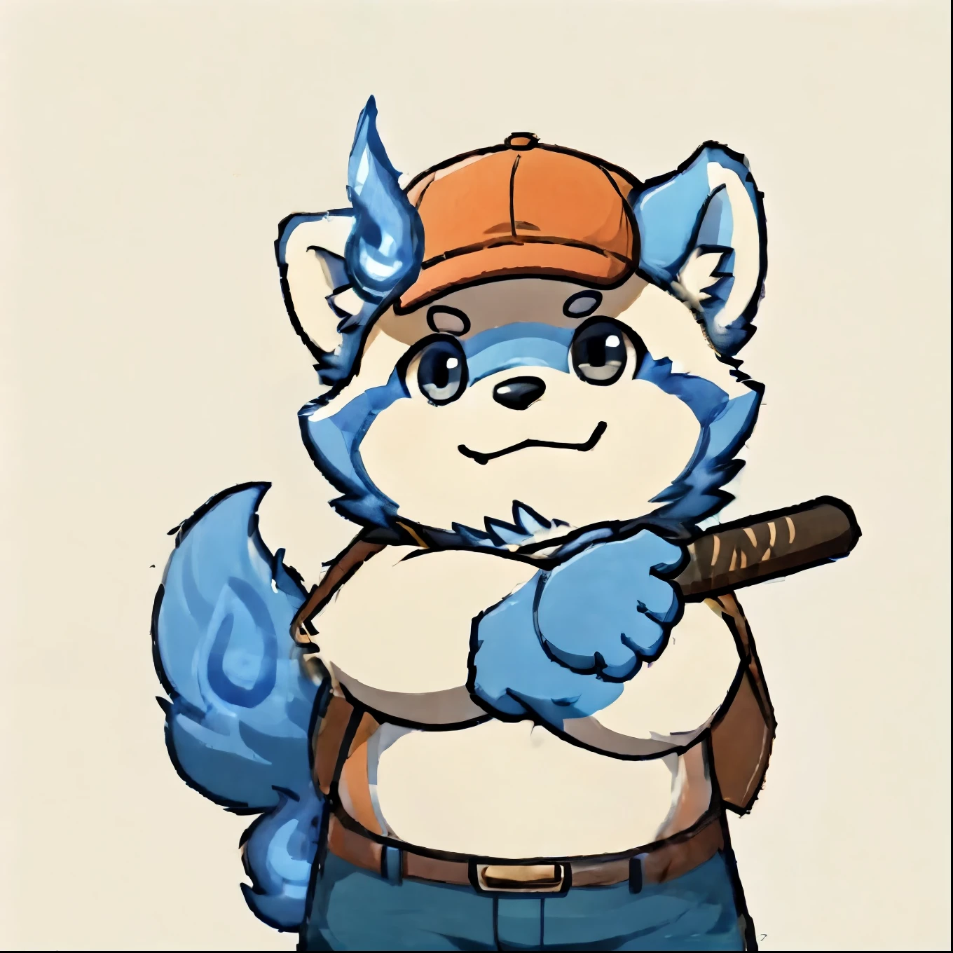 solo, botailang,Cute face, (baseball cap, Wielding Baseball bat) ,(Sideways, sidled), Chubby,(white eyebrows:1.1),(perfect black eyes),Simple background, Blue Background,print style。（Artist:Takemoto Arashi），blue fire ，blue fire above the eyebrows