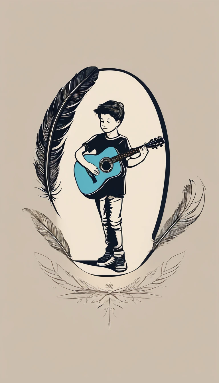 Create a minimal, modern, simple, inspirational, memorable, dream like logo design of a boy, an acoustic guitar and a feather for the brand “Penamemoria". The logo design of a boy bowing and holding his acoustic guitar in the right hand. A feather alongside the boy.