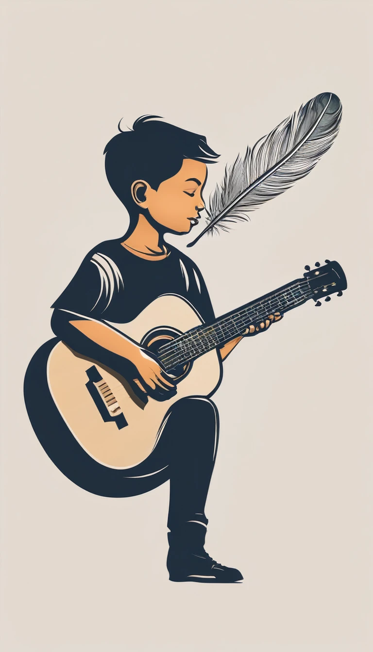 Create a minimal, modern, simple, inspirational, memorable, dream like logo design of a boy, an acoustic guitar and a feather for the brand “Penamemoria". The logo design of a boy bowing and holding his acoustic guitar in the right hand. A feather alongside the boy.