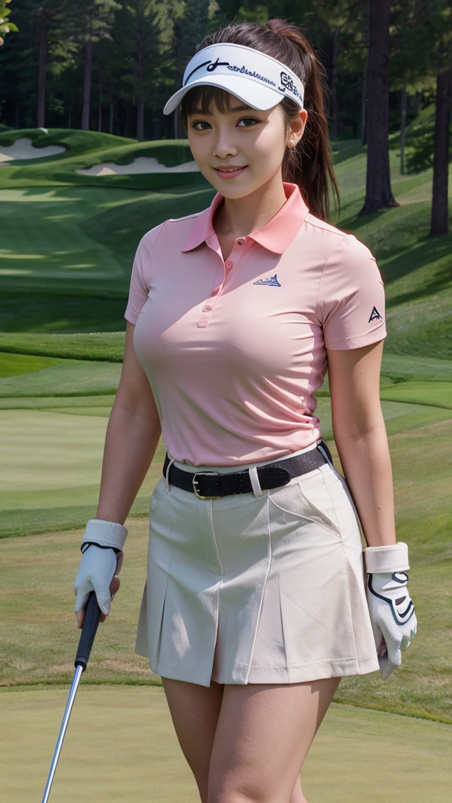 Very detailed CG Unity 8k 壁紙, Highest quality, Very detailed, Tabletop, Realistic, Like the picture, Very detailed美しい女性, 25-year-old woman,Slim body,(Light pink tight golf wear) , (White Golf Miniskirt) , (Wearing golf gloves)、Wear a sun visor, Light brown hair、Ponytail Hair、 ((bangs)),Round eyes, Big eyes、((The shape of the nipple is visible from the top of the clothes))、Realistic female hands, blush, smile, Part your lips, Full body shot, ((Golf wear that fits your body))、Golf course、Stand upright、