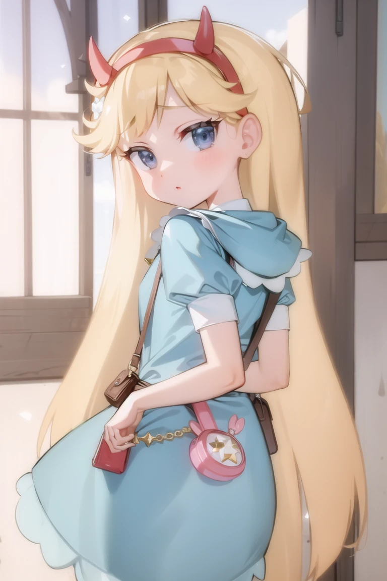 (masterpiece, best quality, high resolution:1.4), 1girl, woman, star butterfly, happy, cloud outfit, pouch, horn_hairband, looking at viewer, pantyhose  