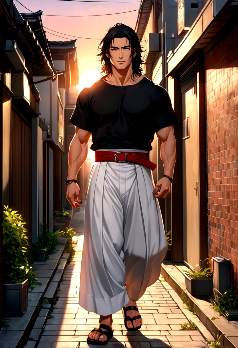 1man, tall, mature, muscular, Japanese, ((silver eyes, black hair, messy hair, medium hair length)), alleyway, (baggy white hakama pants, tight fitting black tshirt, red cloth belt, black sandals), sunset, modern day, (best quality,4k,8k,highres,masterpiece:1.2),ultra-detailed, slight smile