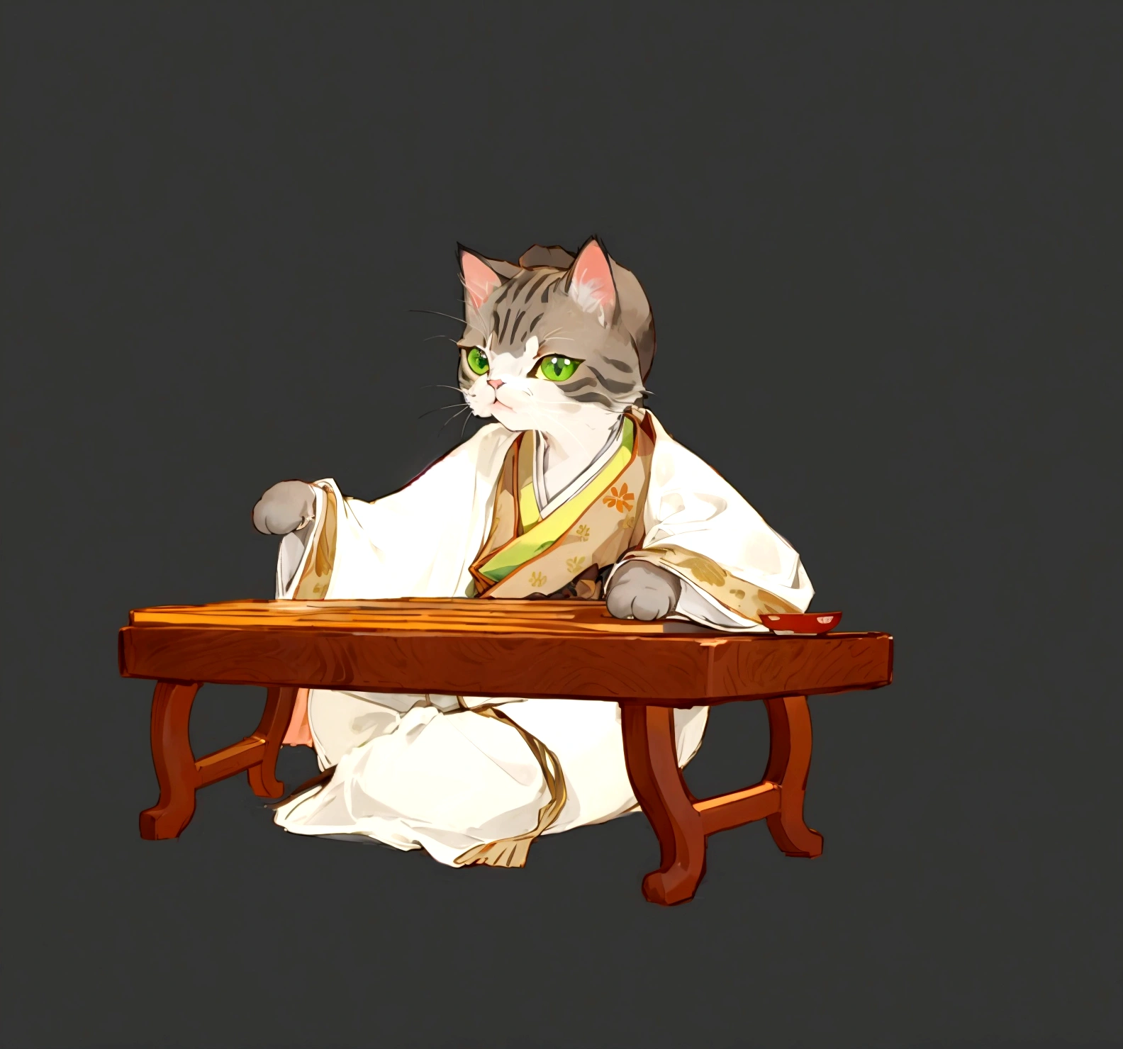 cat, grey background, table, sitting, green eyes, simple background, :3, solo, no humans, animal, robe, japanese clothes, animal focus, wide sleeves, whiskers, kimono, long sleeves