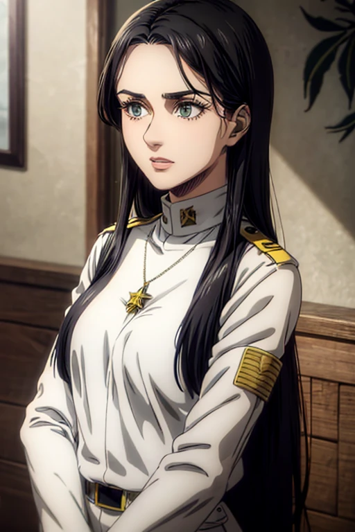 35 year old woman, long black hair, greeneyes, neutral expression, necklace on the neck, White military uniform, marley, liberio,